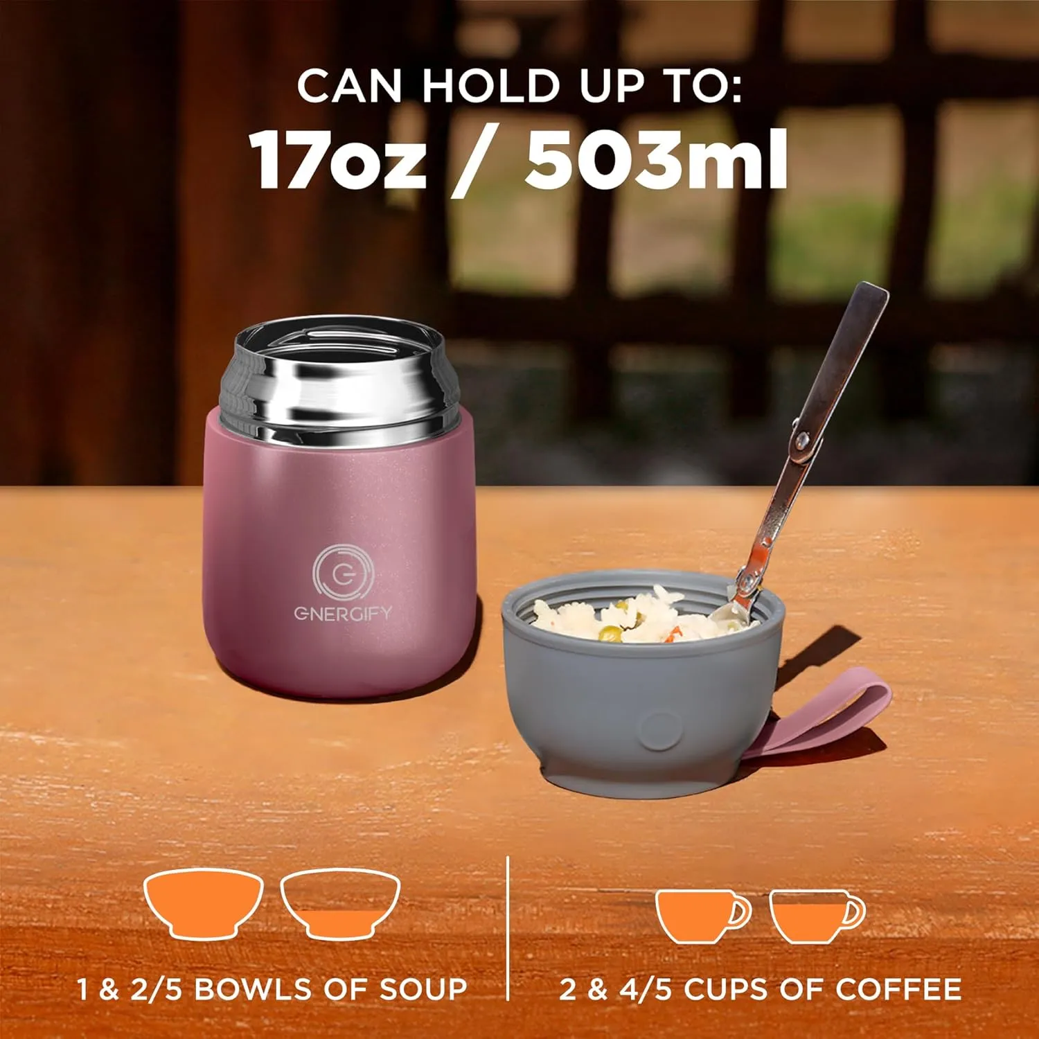 ENERGIFY Vacuum Insulated Food Jar Wide Mouth 17 Oz Soup with Folding Spoon - Lunch Containers for Kids & Adults - Leak Proof Stainless Steel for Hot Food Keep 12H and Cold 24H