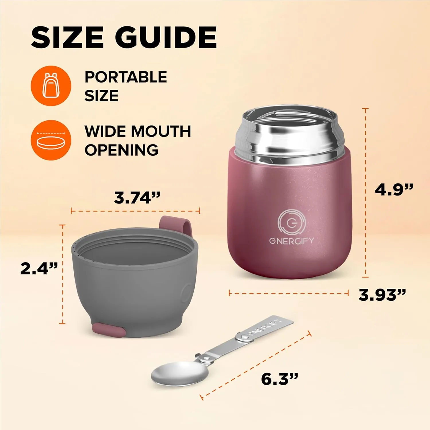 ENERGIFY Vacuum Insulated Food Jar Wide Mouth 17 Oz Soup with Folding Spoon - Lunch Containers for Kids & Adults - Leak Proof Stainless Steel for Hot Food Keep 12H and Cold 24H