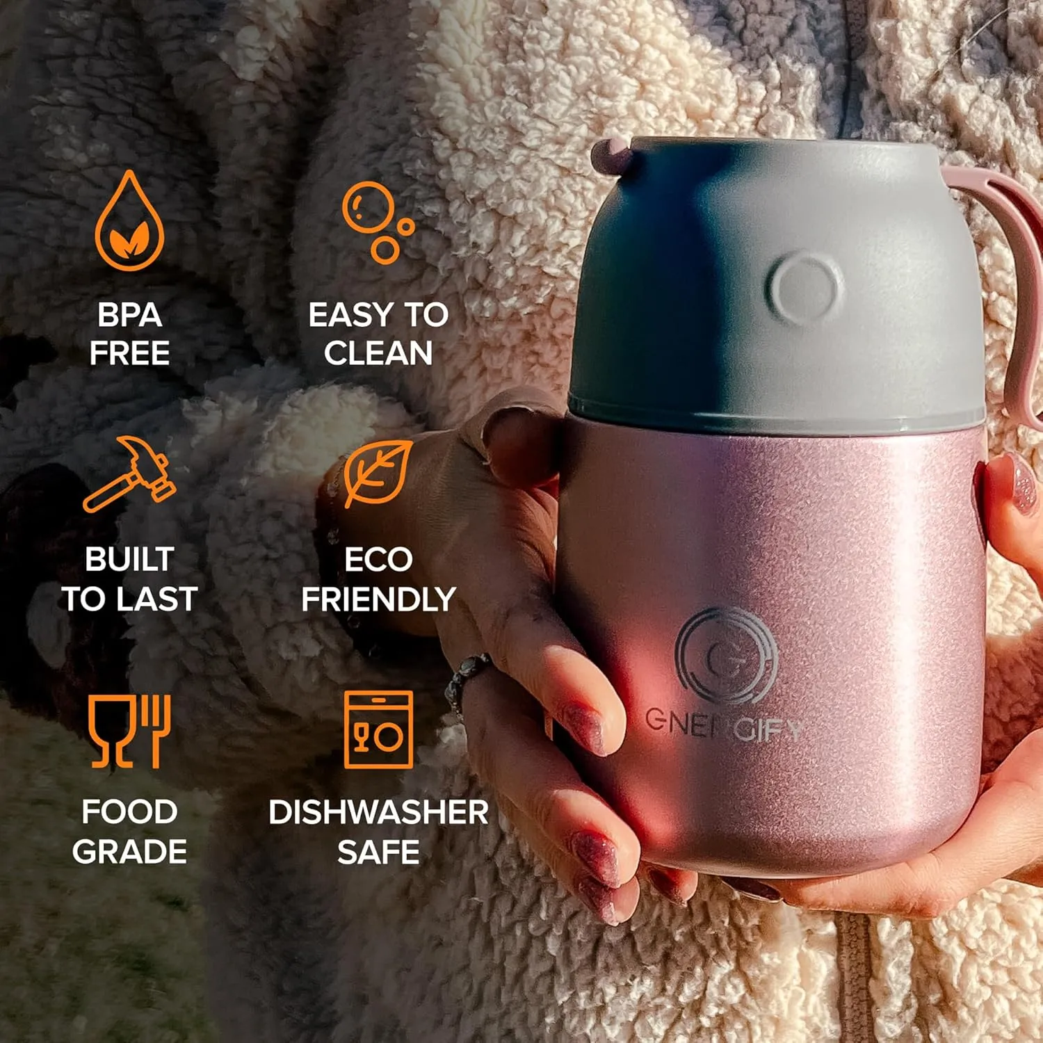 ENERGIFY Vacuum Insulated Food Jar Wide Mouth 17 Oz Soup with Folding Spoon - Lunch Containers for Kids & Adults - Leak Proof Stainless Steel for Hot Food Keep 12H and Cold 24H