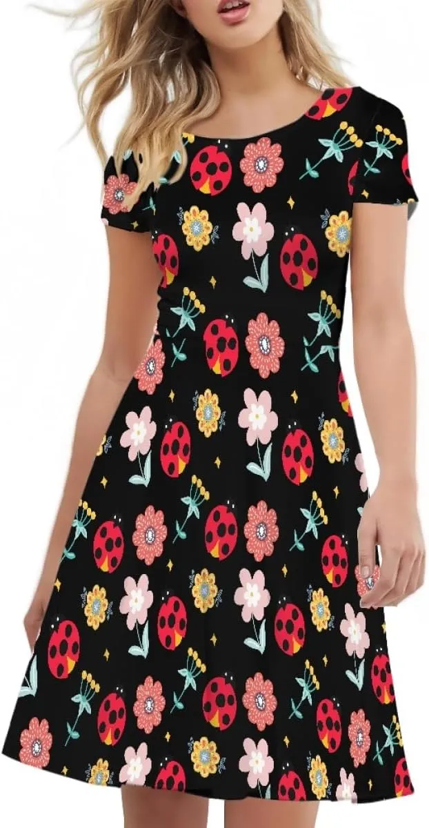 ENLACHIC Women's Animal Print T Shirt Dress Floral Graphic Short Sleeve Aline Beach Swing Dress
