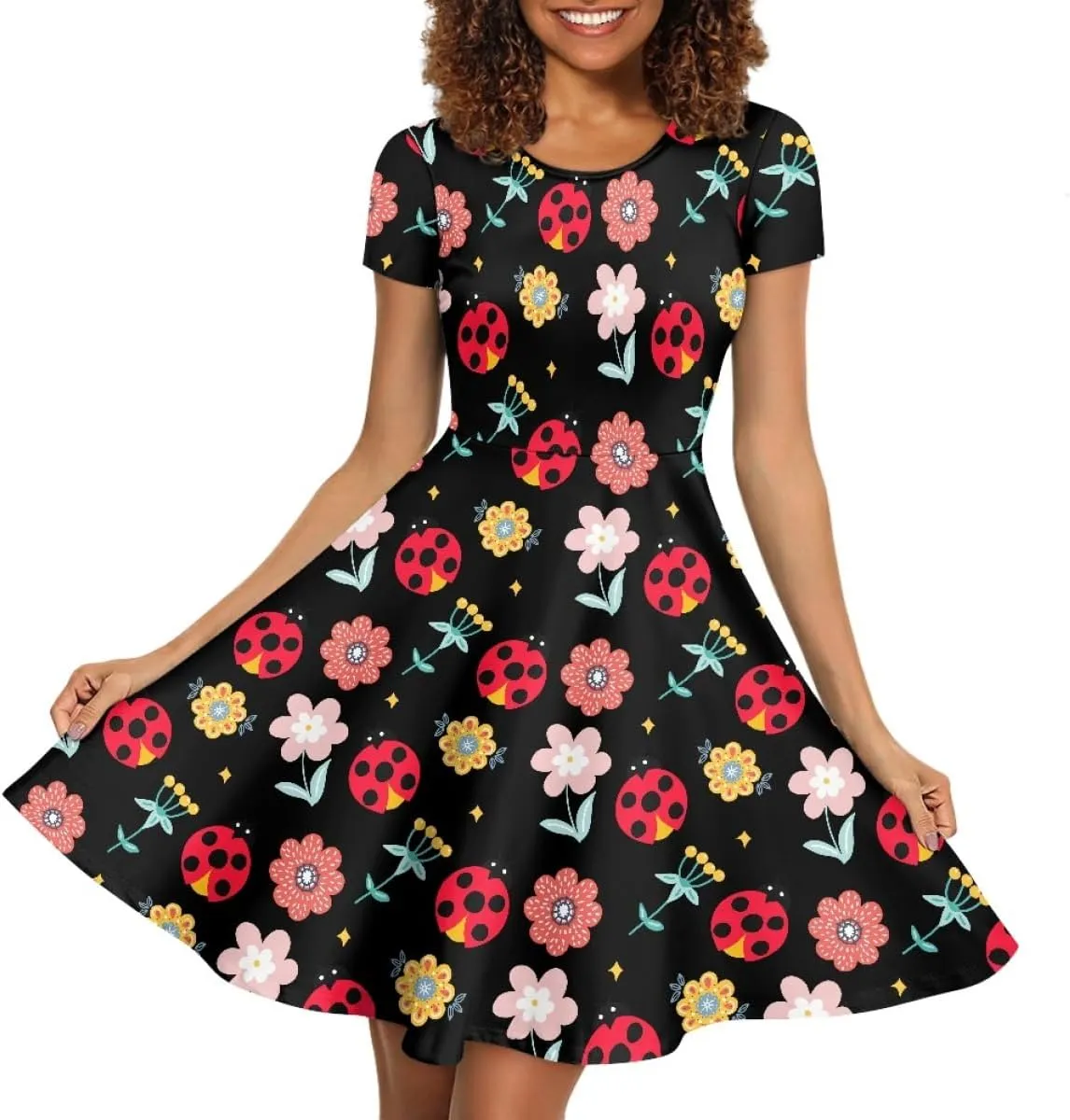 ENLACHIC Women's Animal Print T Shirt Dress Floral Graphic Short Sleeve Aline Beach Swing Dress