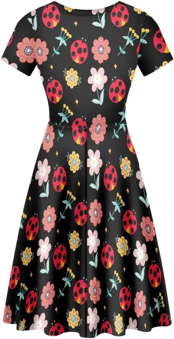 ENLACHIC Women's Animal Print T Shirt Dress Floral Graphic Short Sleeve Aline Beach Swing Dress