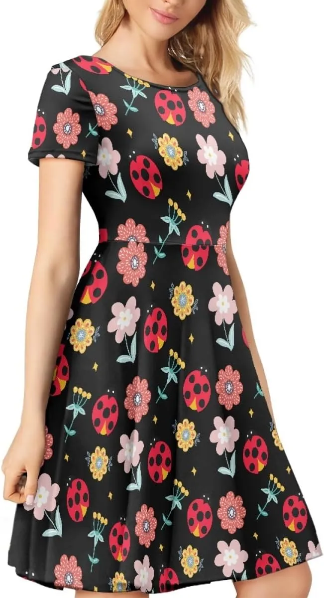 ENLACHIC Women's Animal Print T Shirt Dress Floral Graphic Short Sleeve Aline Beach Swing Dress