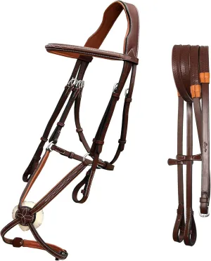 Exion Jumping Horse Bridle | Anatomical Figure 8 Bridle with Fancy Stitching & Padded Grackle Noseband | Rubber Grip Reins & Brass Buckles | English Tack for Equestrian Show & Training