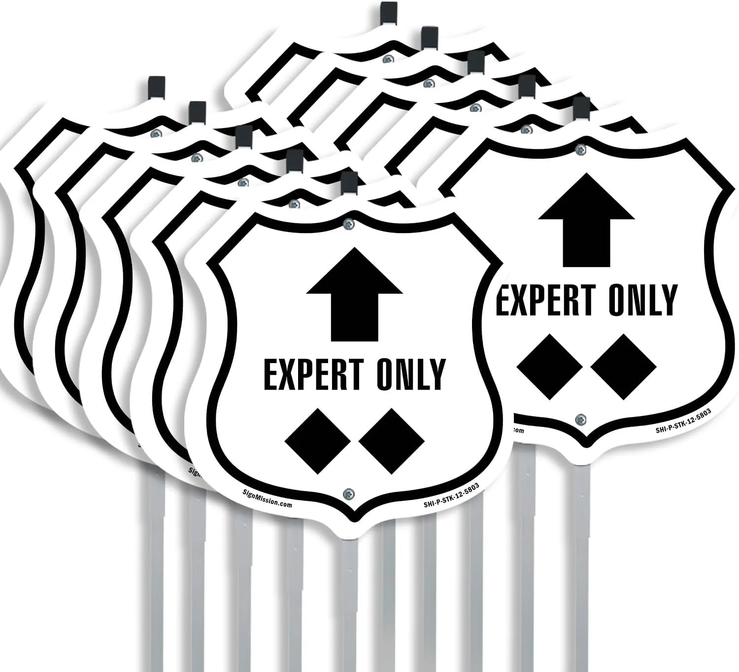 Expert Only Trail Ski Slope Up (10 Pack) 12 inch X 12 inch Shield Shaped Commercial Grade Plastic Signs with Aluminum Mounting Stakes Weather Resistant Made in the USA