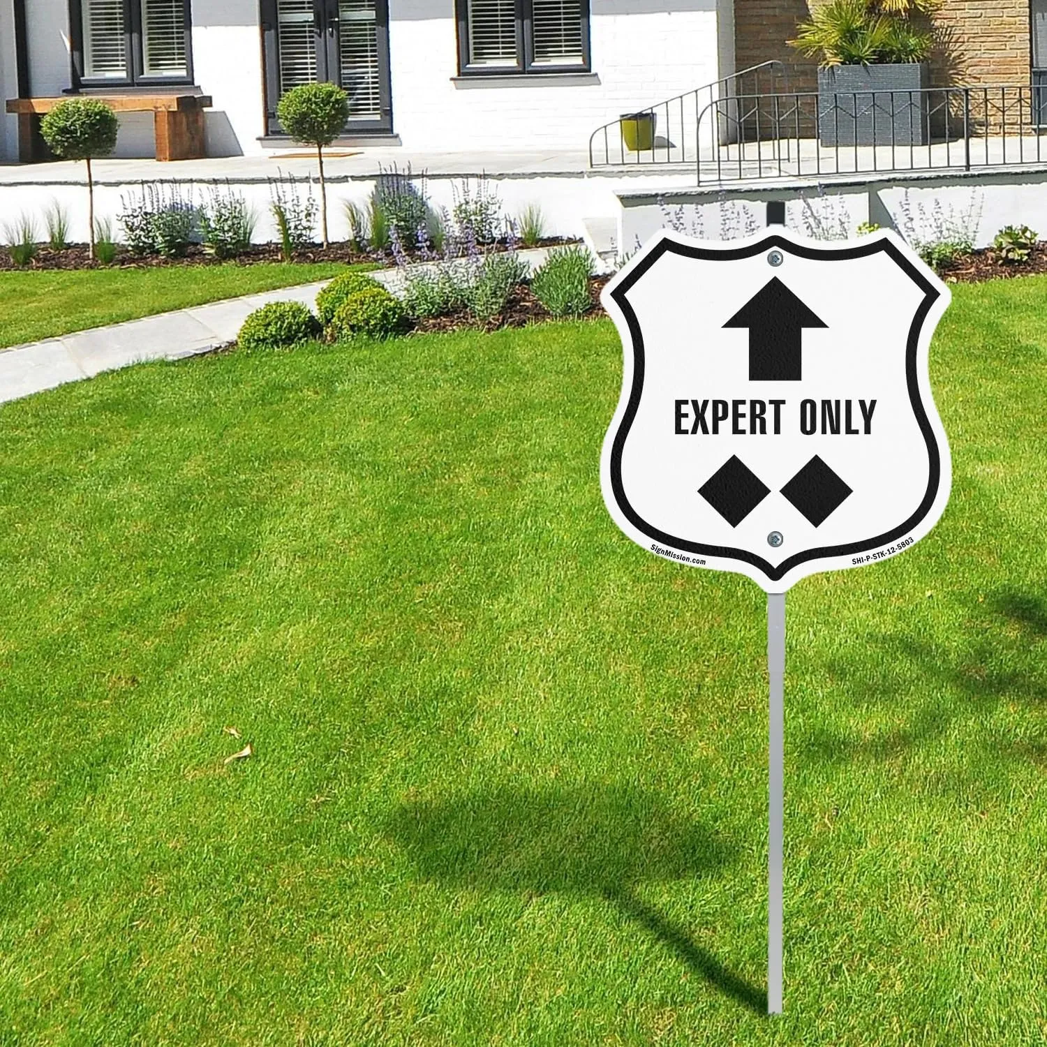 Expert Only Trail Ski Slope Up (10 Pack) 12 inch X 12 inch Shield Shaped Commercial Grade Plastic Signs with Aluminum Mounting Stakes Weather Resistant Made in the USA