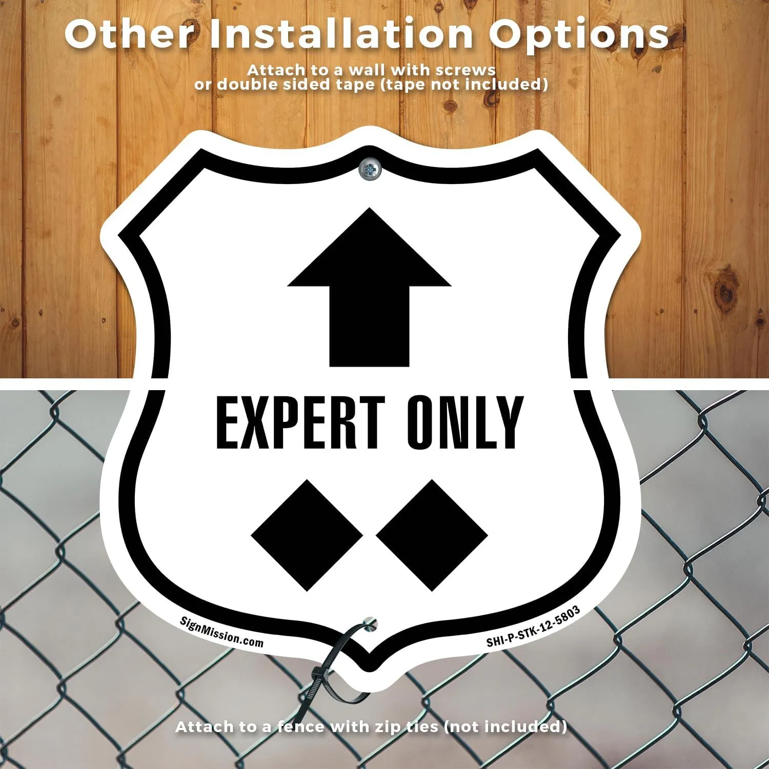 Expert Only Trail Ski Slope Up (10 Pack) 12 inch X 12 inch Shield Shaped Commercial Grade Plastic Signs with Aluminum Mounting Stakes Weather Resistant Made in the USA