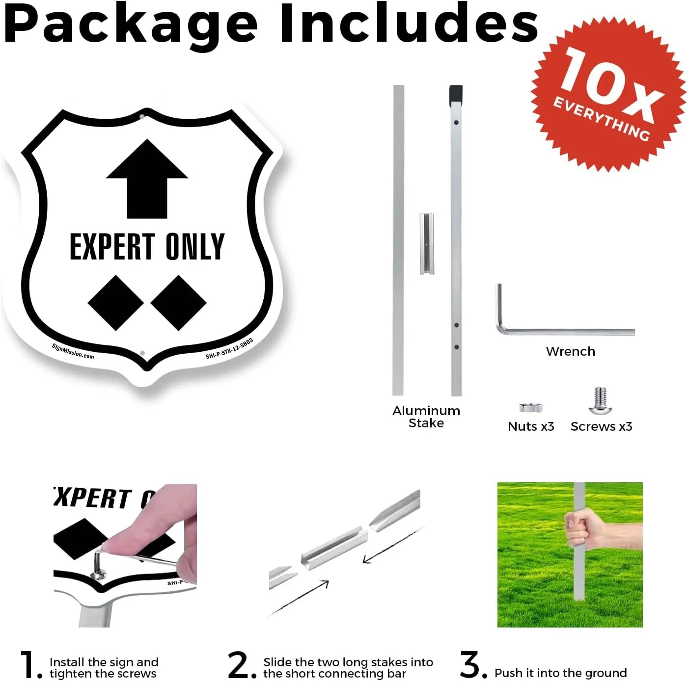 Expert Only Trail Ski Slope Up (10 Pack) 12 inch X 12 inch Shield Shaped Commercial Grade Plastic Signs with Aluminum Mounting Stakes Weather Resistant Made in the USA