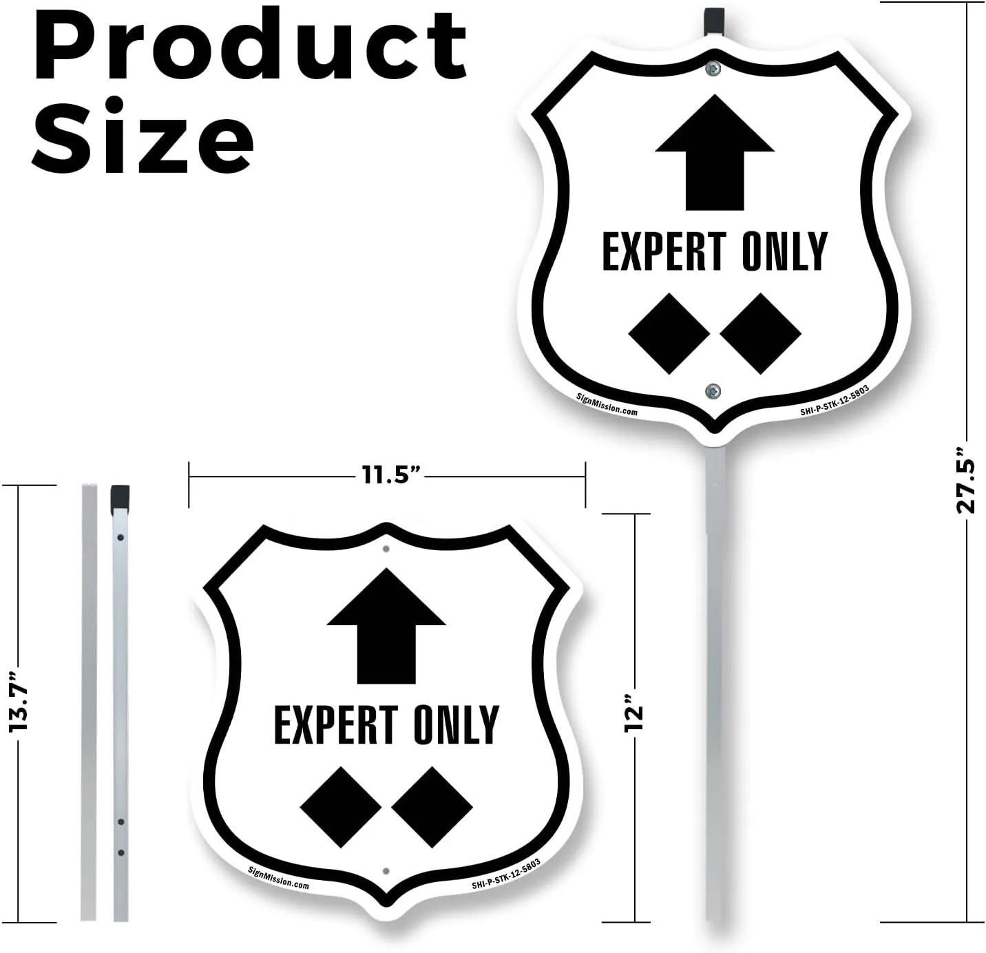 Expert Only Trail Ski Slope Up (10 Pack) 12 inch X 12 inch Shield Shaped Commercial Grade Plastic Signs with Aluminum Mounting Stakes Weather Resistant Made in the USA