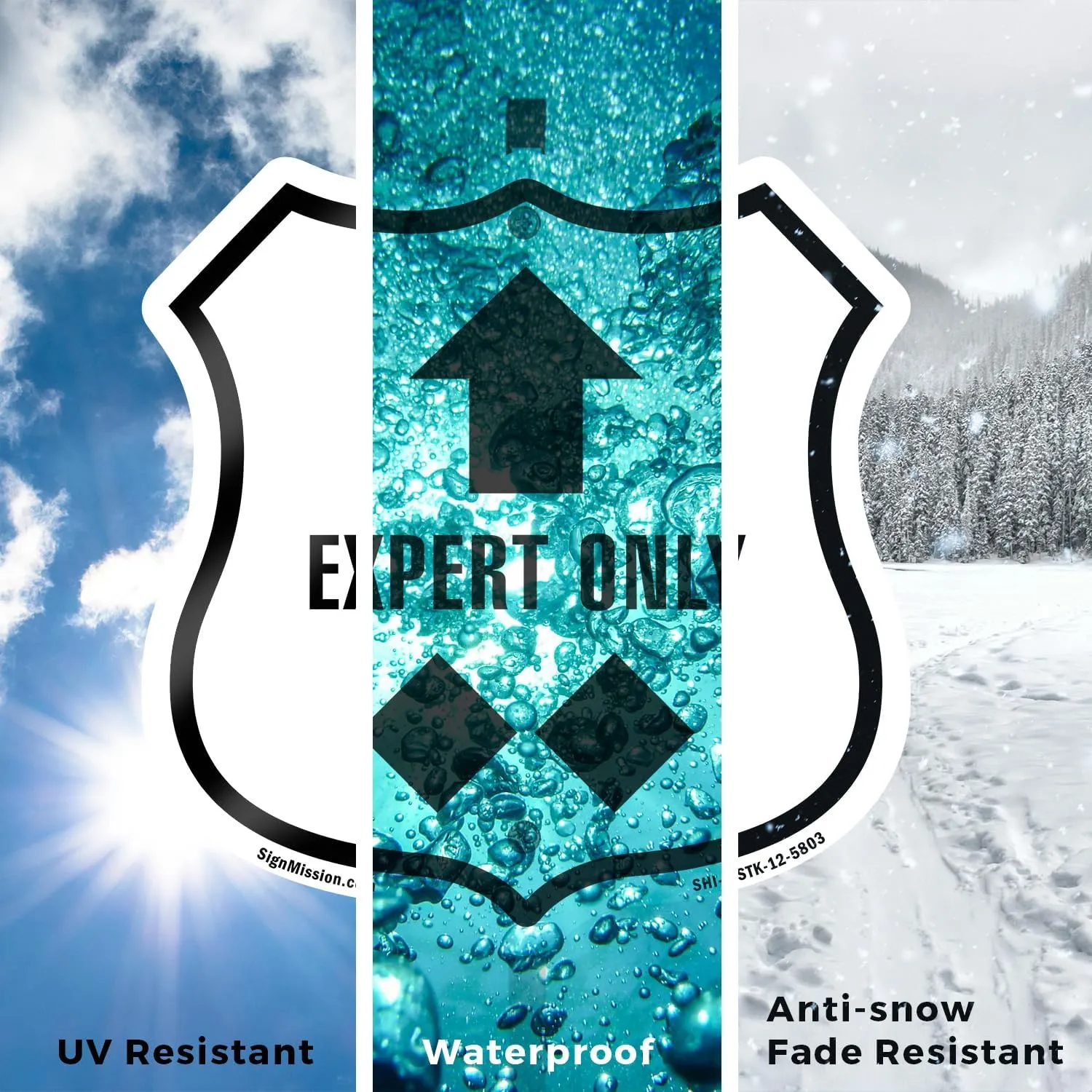Expert Only Trail Ski Slope Up (10 Pack) 12 inch X 12 inch Shield Shaped Commercial Grade Plastic Signs with Aluminum Mounting Stakes Weather Resistant Made in the USA