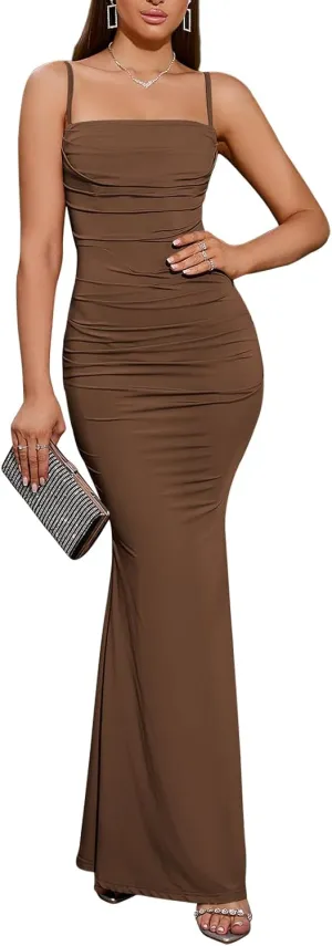 EYNMIN Women's Sleeveless Bodycon Corset Maxi Dress Spaghetti Strap Ruched Elegant Evening Wedding Guest Long Formal Dresses