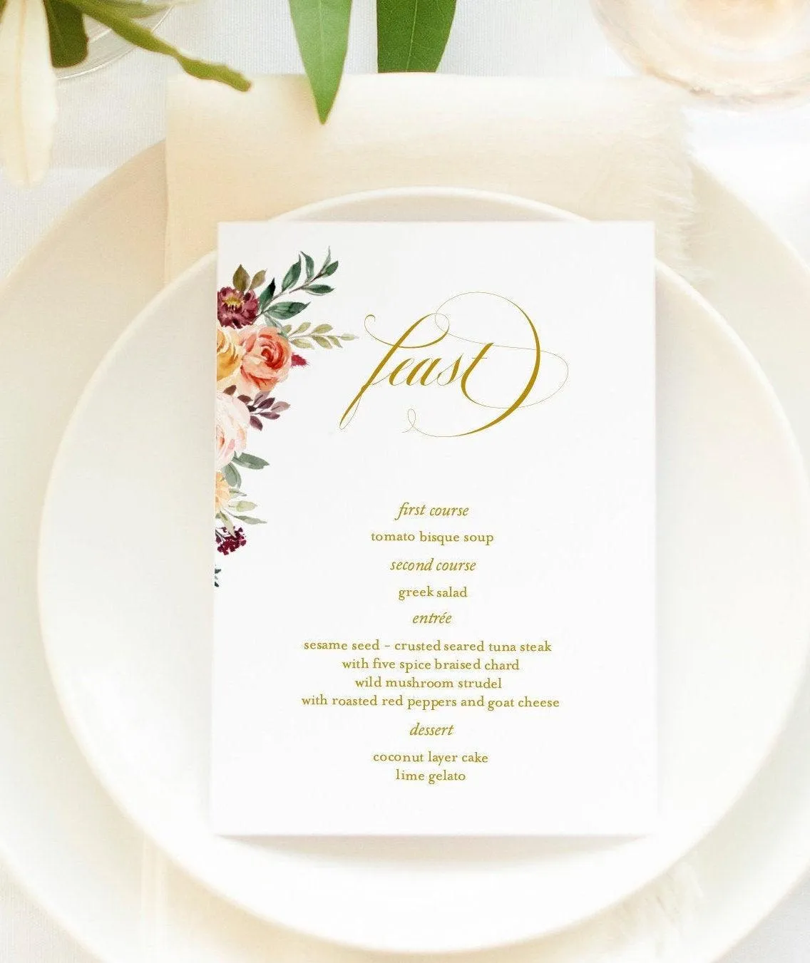 Fall Wedding Menu Printable Template, Editable Instant Download, Menu Cards, DIY Dinner Menu Floral Watercolor  - Karen