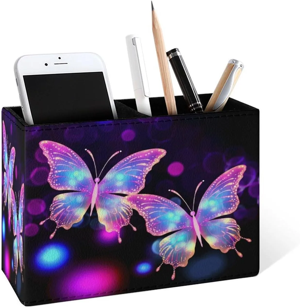 Famame Beautiful Two Butterflies Pencil Holder for Desk, Leather Desktop Container Pen Cup Storage Study Table Pen Organizer Makeup Brush Holder for Classroom Office Home
