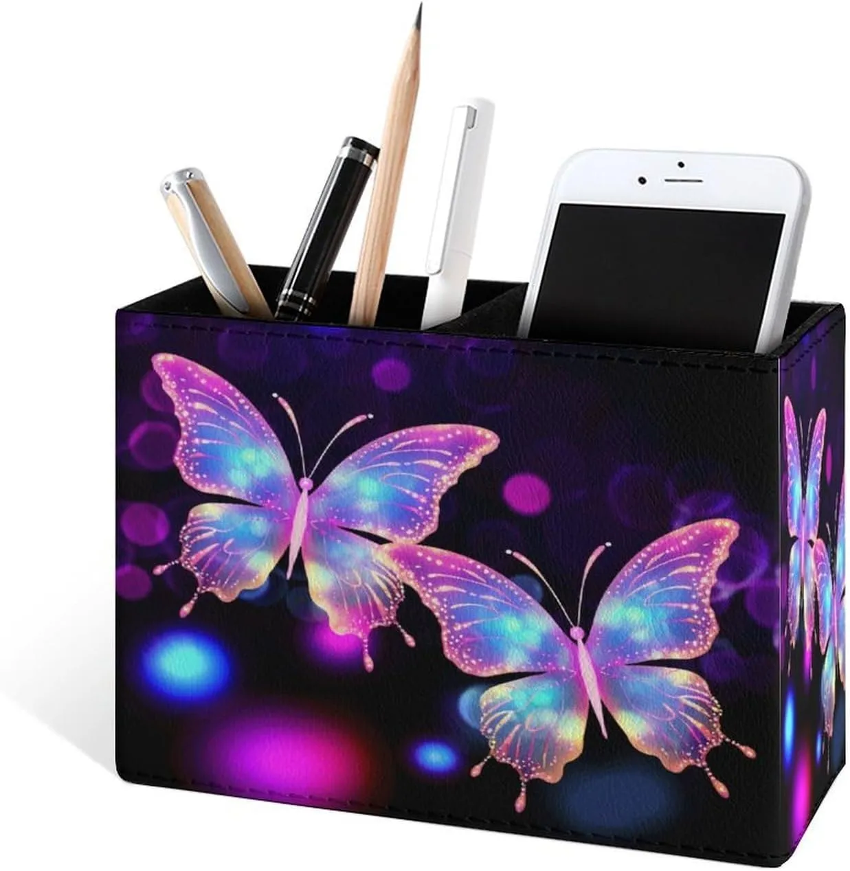 Famame Beautiful Two Butterflies Pencil Holder for Desk, Leather Desktop Container Pen Cup Storage Study Table Pen Organizer Makeup Brush Holder for Classroom Office Home