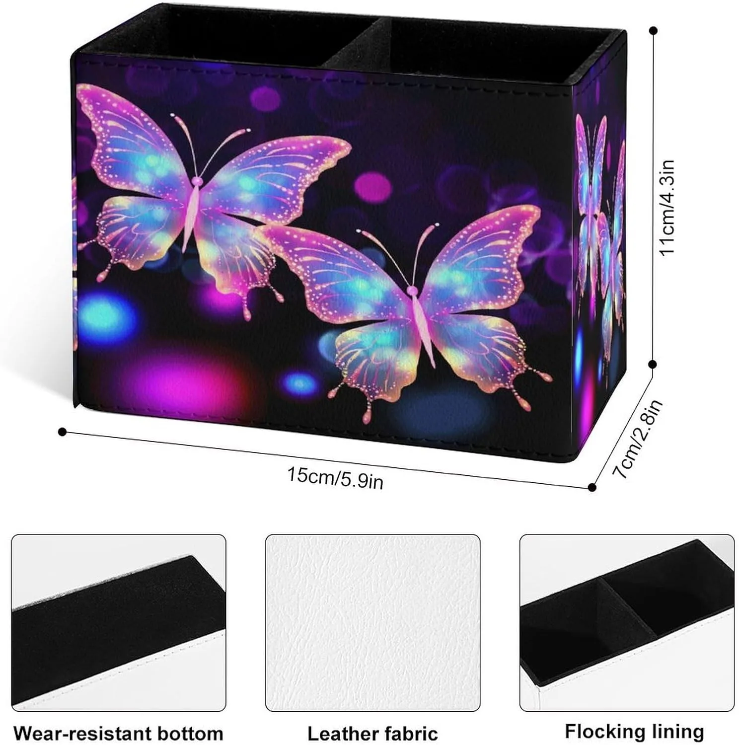 Famame Beautiful Two Butterflies Pencil Holder for Desk, Leather Desktop Container Pen Cup Storage Study Table Pen Organizer Makeup Brush Holder for Classroom Office Home