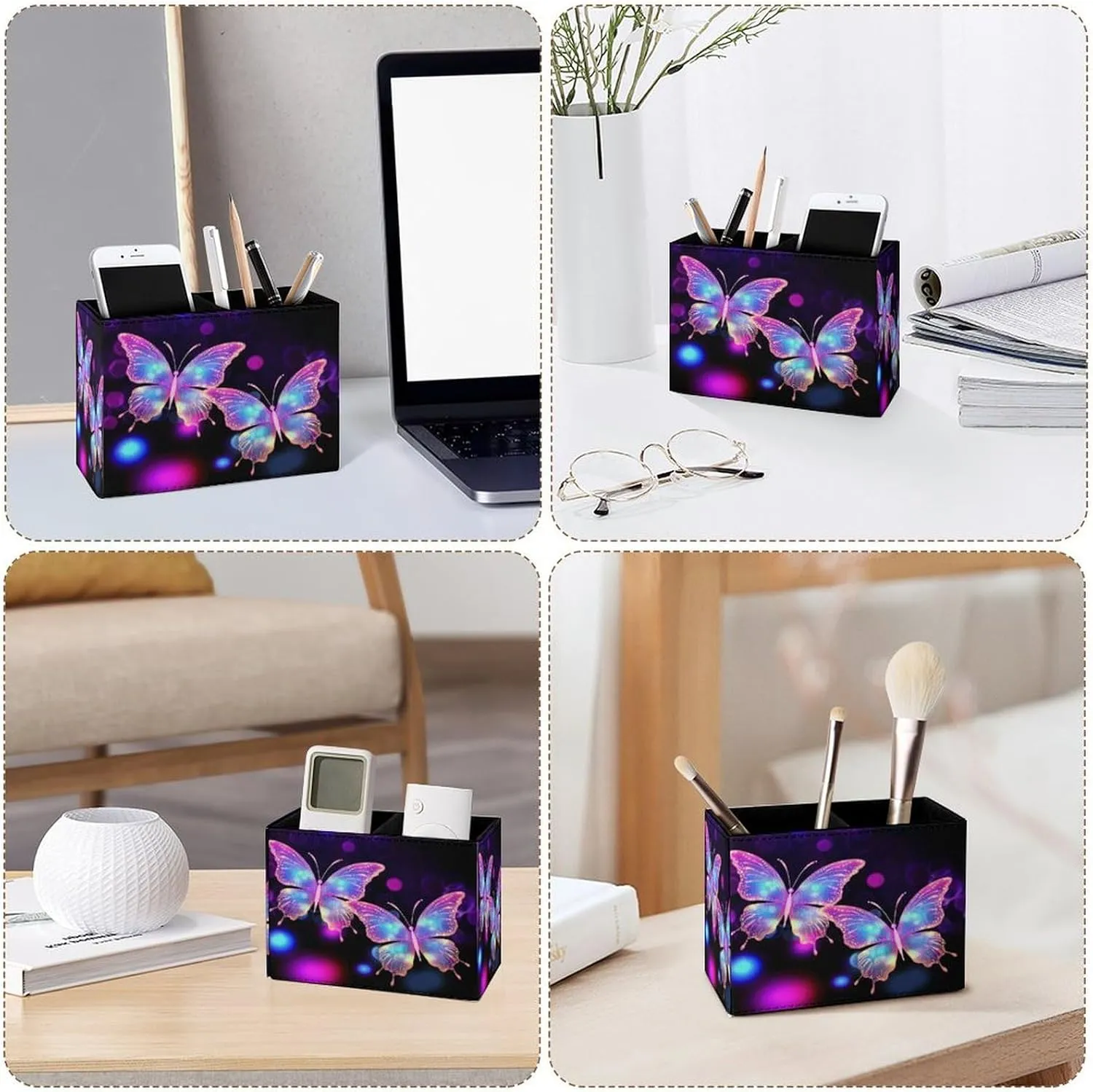 Famame Beautiful Two Butterflies Pencil Holder for Desk, Leather Desktop Container Pen Cup Storage Study Table Pen Organizer Makeup Brush Holder for Classroom Office Home