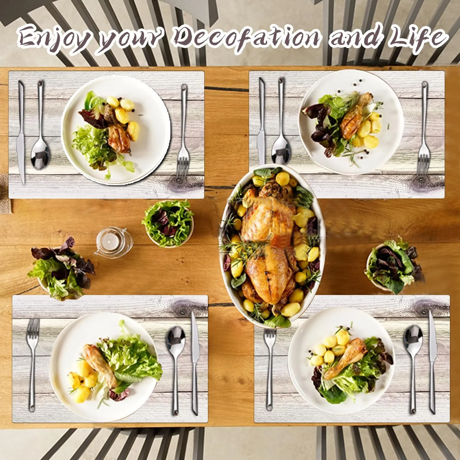 Farmhouse Placemats Set of 4 - Driftwood Faux Leather Heat Resistant Placemat for Dinner Table, Non-Slip Waterproof Oil-Proof Washable Reusable for Indoor Outdoor Kitchen Decor, 15.75In*11.81In