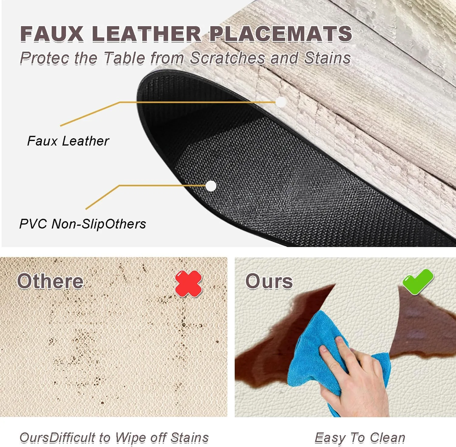 Farmhouse Placemats Set of 4 - Driftwood Faux Leather Heat Resistant Placemat for Dinner Table, Non-Slip Waterproof Oil-Proof Washable Reusable for Indoor Outdoor Kitchen Decor, 15.75In*11.81In