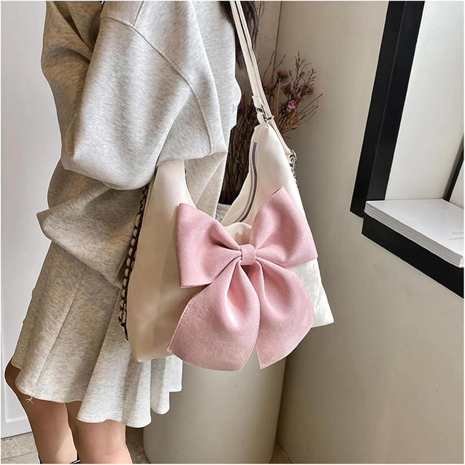 Fashion Hobo Crossbody Bags for Women Sweet Bow PU Leather Shoulder Bag Tote Handbags Small Backpack Purse
