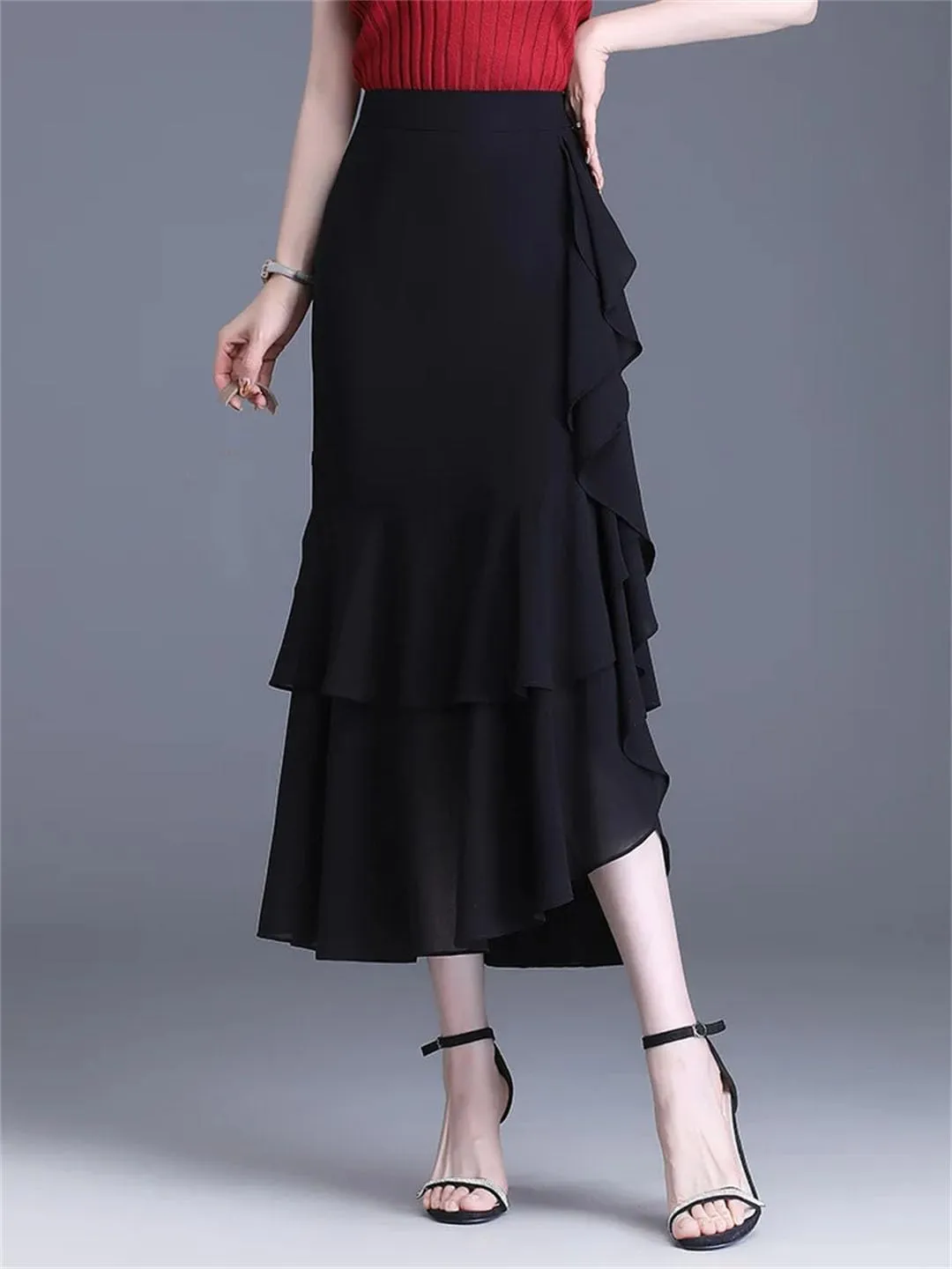 Fashion Irregular Chiffon Skirts Elegant High Waist Summer Women Ruffles Party Long Skirts