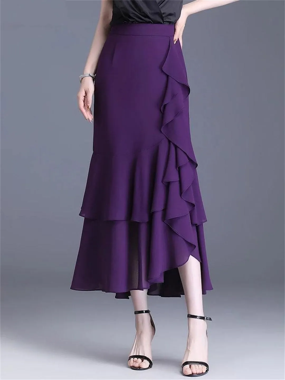 Fashion Irregular Chiffon Skirts Elegant High Waist Summer Women Ruffles Party Long Skirts