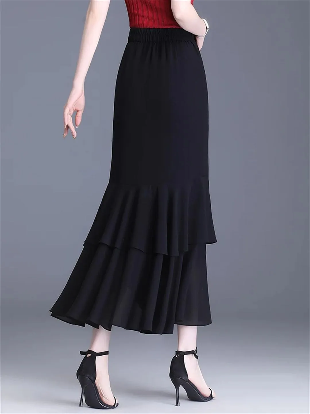 Fashion Irregular Chiffon Skirts Elegant High Waist Summer Women Ruffles Party Long Skirts