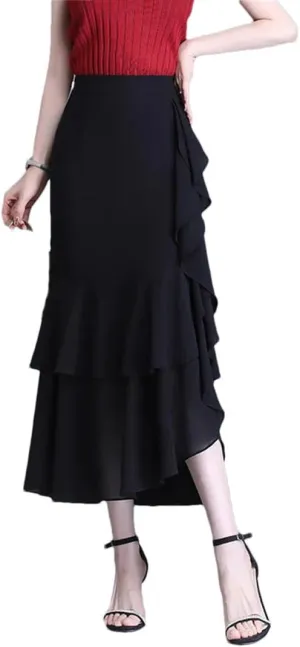Fashion Irregular Chiffon Skirts Elegant High Waist Summer Women Ruffles Party Long Skirts