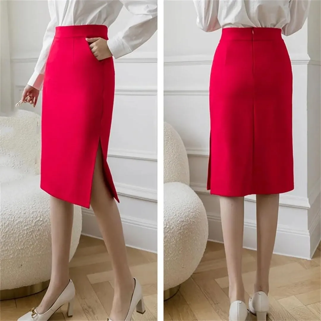 Fashion Korean High Wiast Office Long Skirt Women Summer Bodycon Elegant Sexy Pockets Midi Pencil Skirt