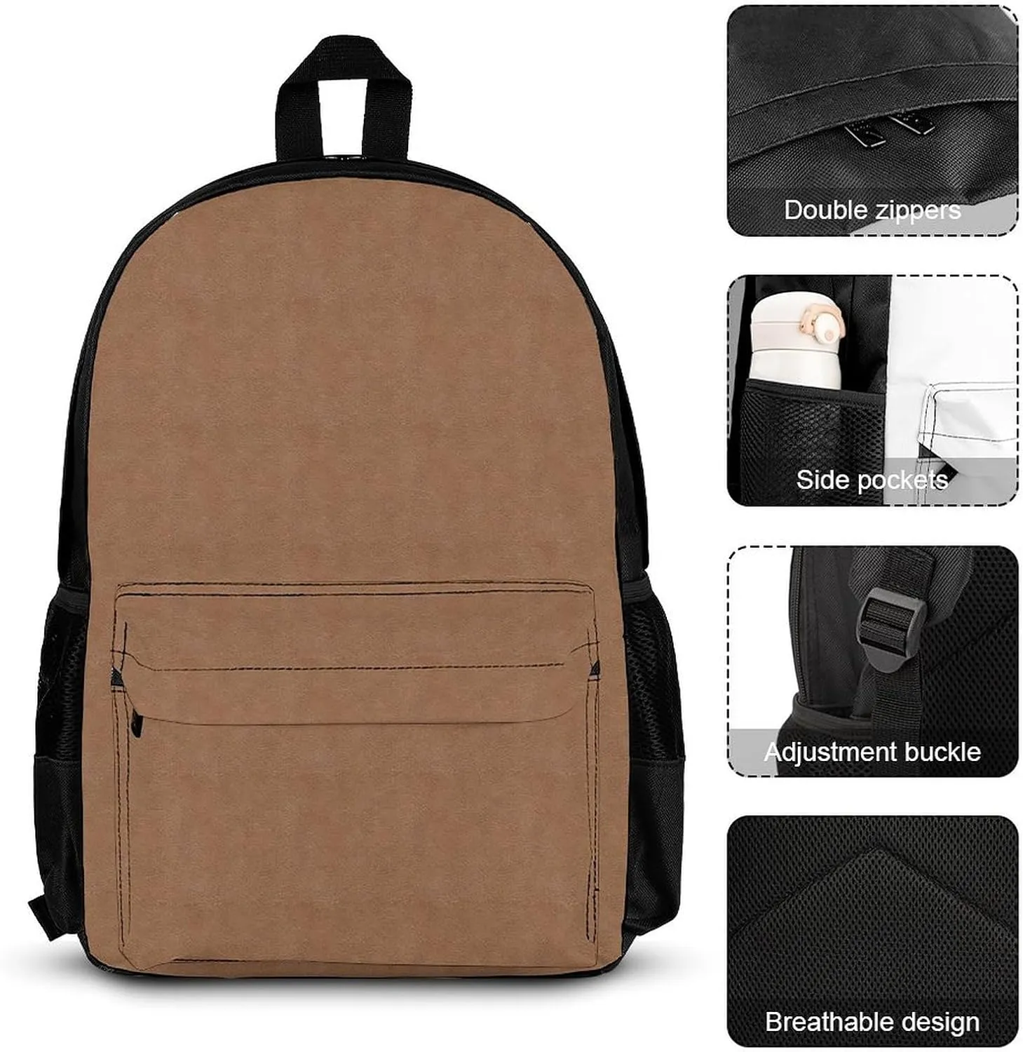 Faux Leather Natural Brown Lightweight Pocket Backpack Crossbody Lunch Bag Set Unisex