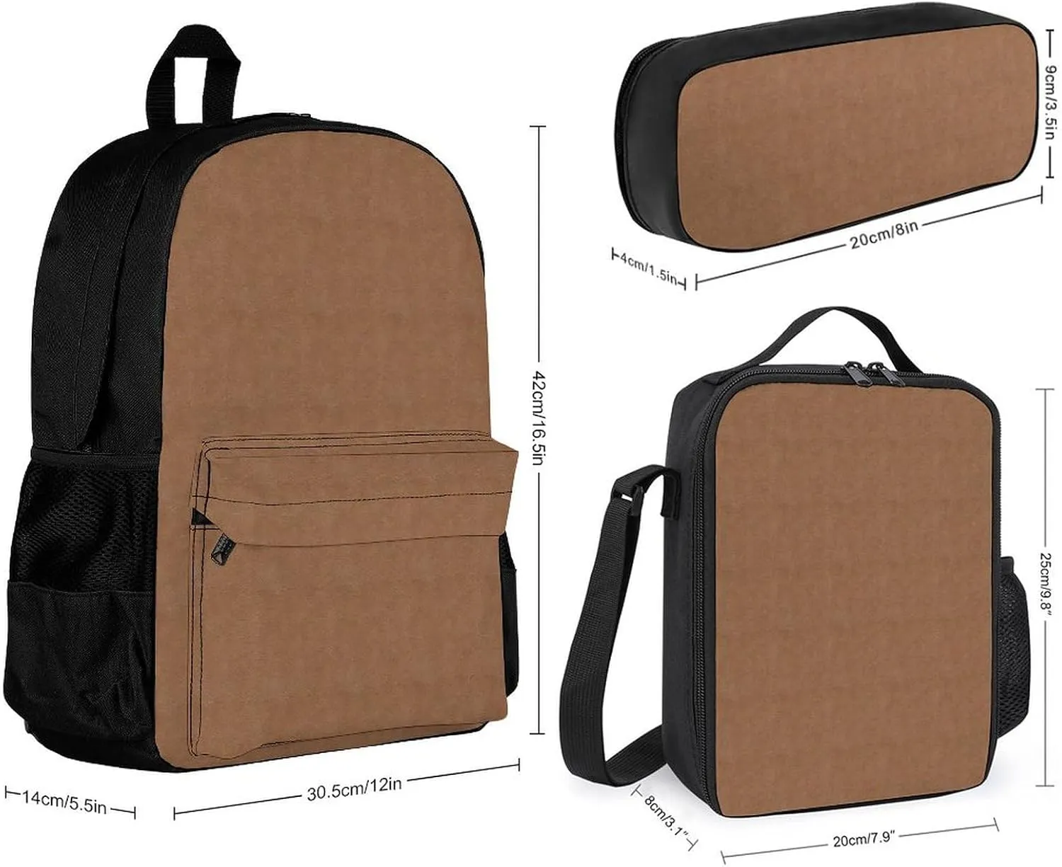 Faux Leather Natural Brown Lightweight Pocket Backpack Crossbody Lunch Bag Set Unisex