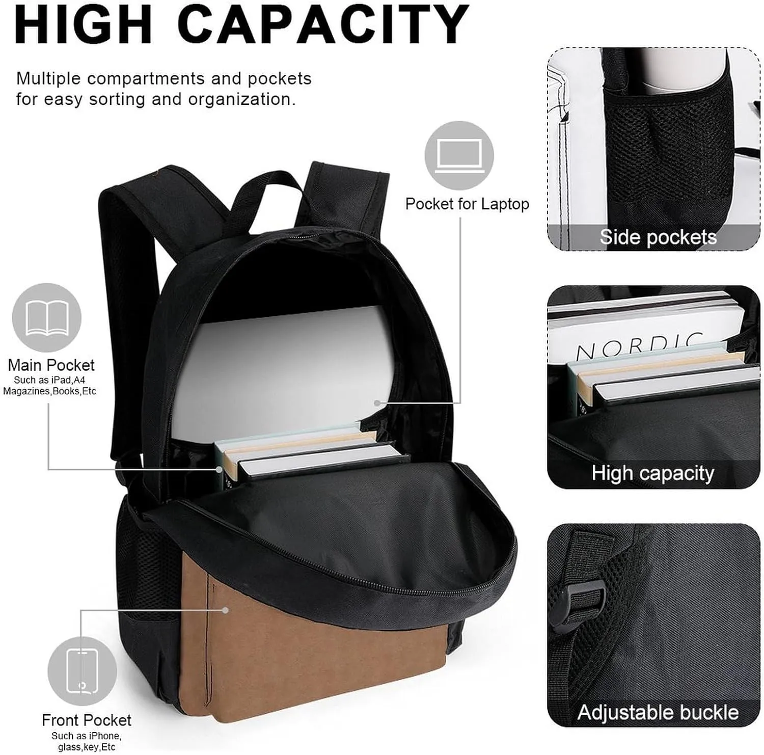 Faux Leather Natural Brown Lightweight Pocket Backpack Crossbody Lunch Bag Set Unisex