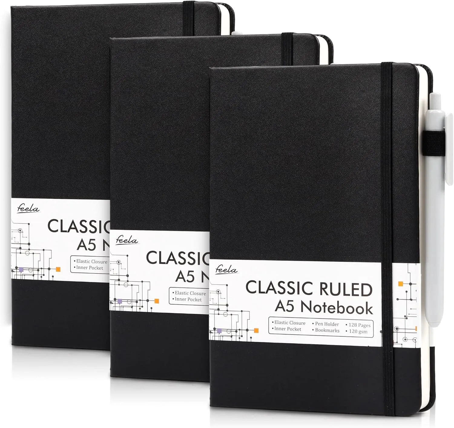 feela 3 Pack Notebooks Journals Bulk with 3 Black Pens, A5 Hardcover Notebook Classic Ruled Lined Journal Set with Pen Holder for Work Business Journaling Note Taking, 120 GSM, 5.1”x8.3”, Black