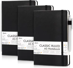 feela 3 Pack Notebooks Journals Bulk with 3 Black Pens, A5 Hardcover Notebook Classic Ruled Lined Journal Set with Pen Holder for Work Business Journaling Note Taking, 120 GSM, 5.1”x8.3”, Black