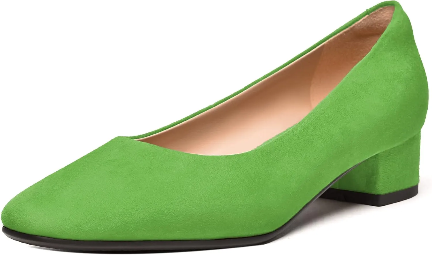 FEMSTEP Women's Low Heels Suede Leather Block Casual Square Toe Slip On Chunky Pumps Shoes 1.5 Inch