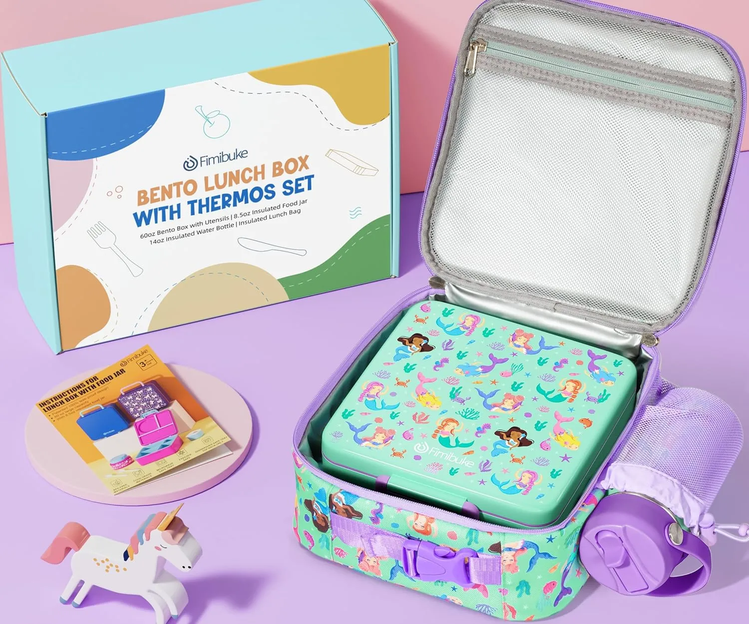 Fimibuke Bento Box for Kids Adult - Leakproof 3-4 Compartments Lunch Bento Box Set with Insulated Thermos Food Jar, Water Bottle, Lunch Bag, Sauce Cup & Cutlery for Toddler Teen Shcool Girl Boy Age 3 