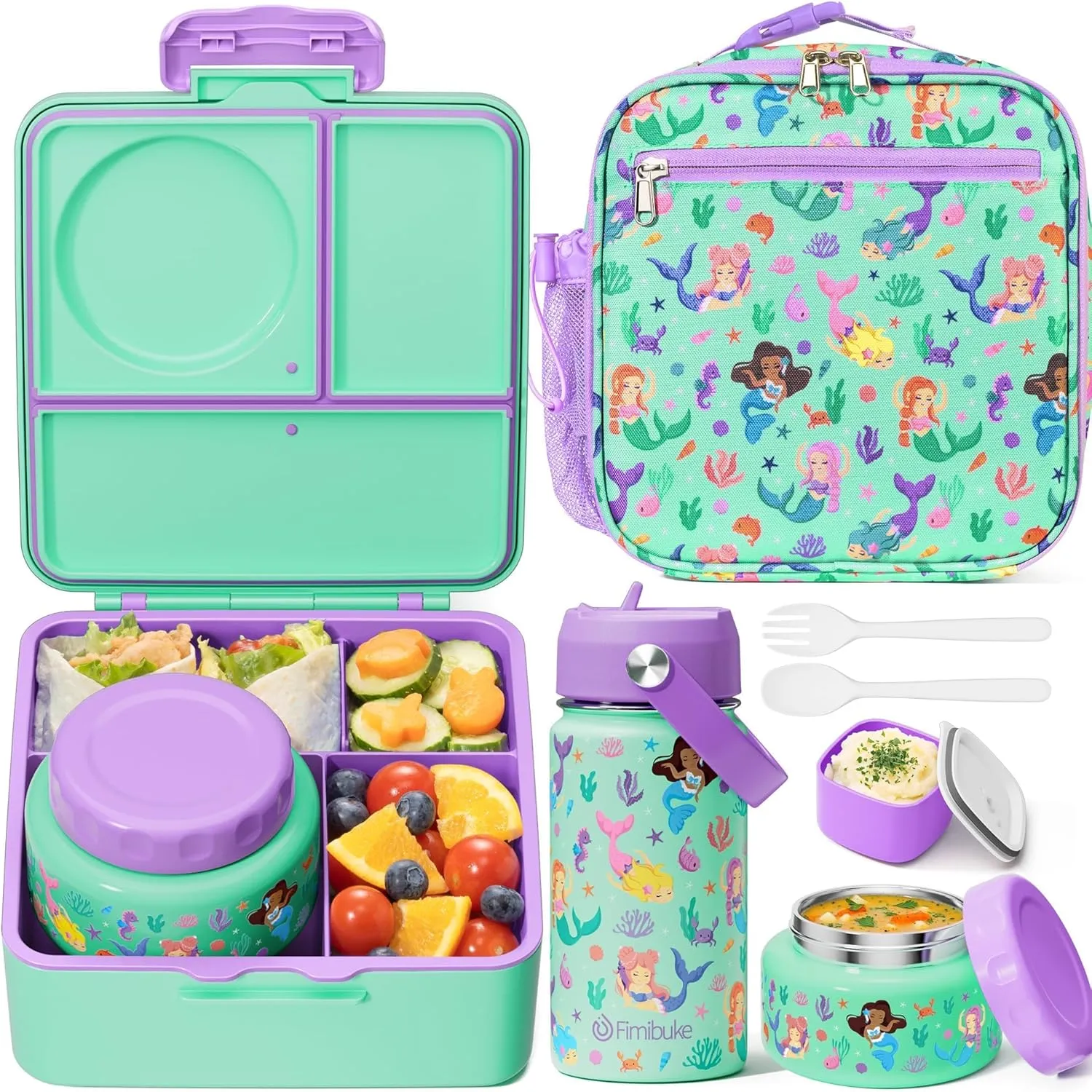 Fimibuke Bento Box for Kids Adult - Leakproof 3-4 Compartments Lunch Bento Box Set with Insulated Thermos Food Jar, Water Bottle, Lunch Bag, Sauce Cup & Cutlery for Toddler Teen Shcool Girl Boy Age 3 