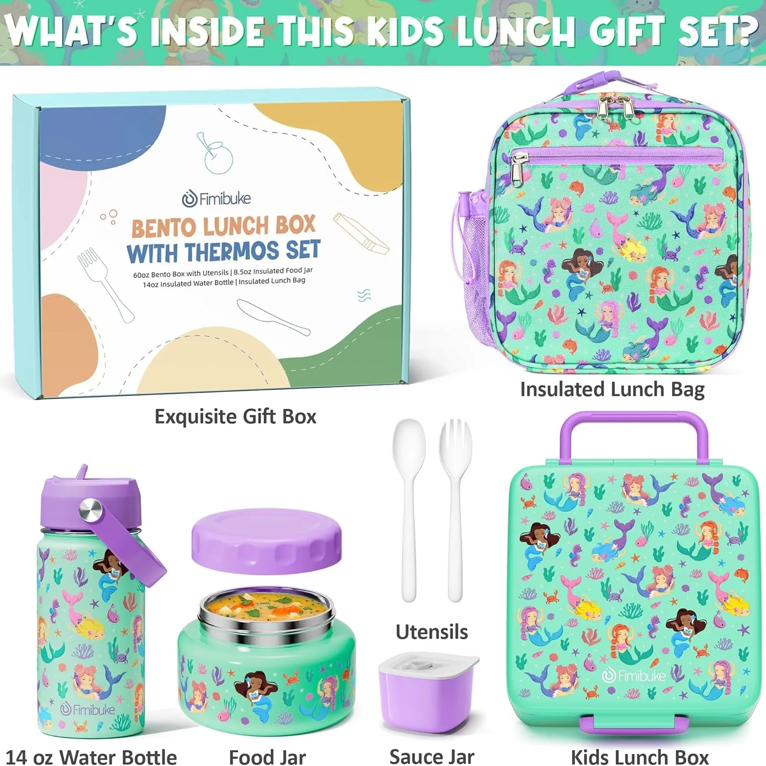 Fimibuke Bento Box for Kids Adult - Leakproof 3-4 Compartments Lunch Bento Box Set with Insulated Thermos Food Jar, Water Bottle, Lunch Bag, Sauce Cup & Cutlery for Toddler Teen Shcool Girl Boy Age 3 