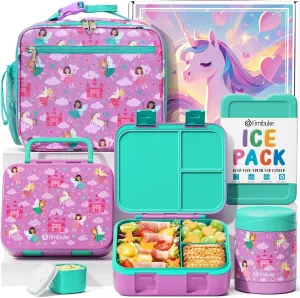 Fimibuke Bento Lunch Box for Kids with Thermos, 32OZ Snack Lunch Container with 3 Compartments, Insulated Lunch Bag, 12OZ Leakproof Food Jar, Ice Pack Set for Age 3-12 Toddler Teen Girls Boys Daycare