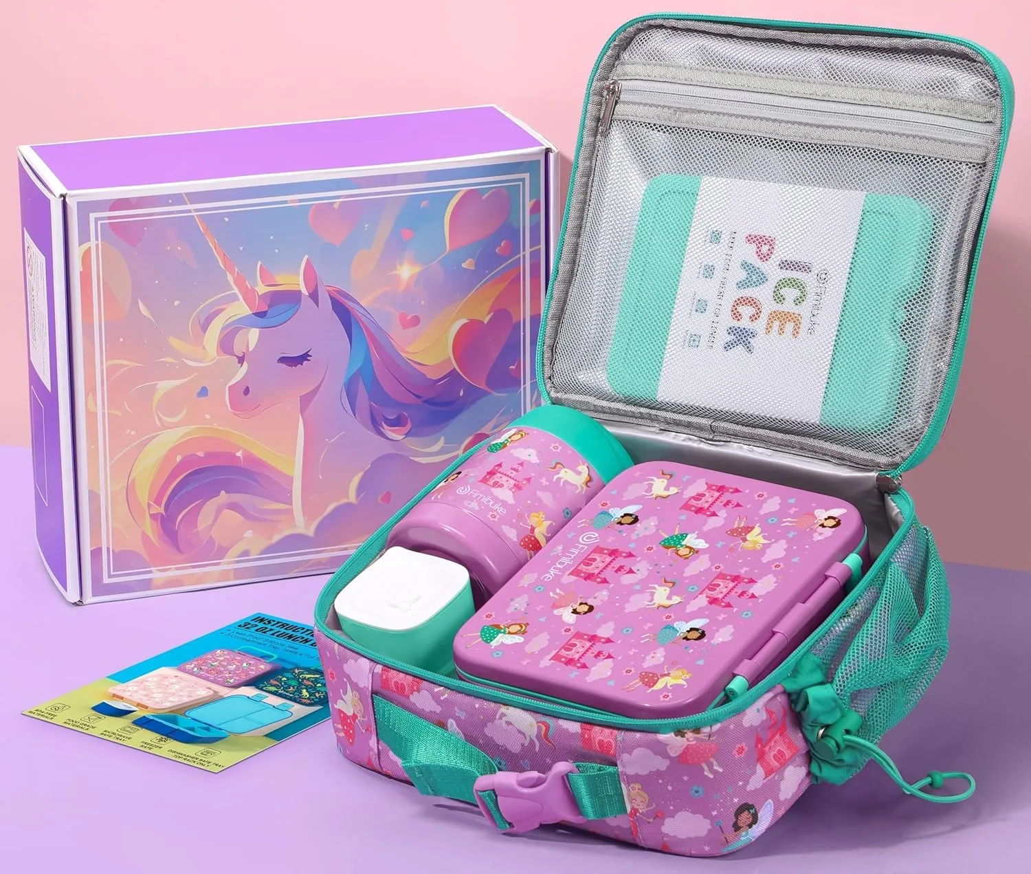 Fimibuke Bento Lunch Box for Kids with Thermos, 32OZ Snack Lunch Container with 3 Compartments, Insulated Lunch Bag, 12OZ Leakproof Food Jar, Ice Pack Set for Age 3-12 Toddler Teen Girls Boys Daycare