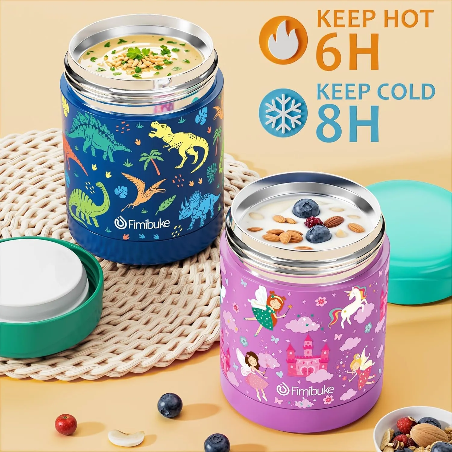 Fimibuke Bento Lunch Box for Kids with Thermos, 32OZ Snack Lunch Container with 3 Compartments, Insulated Lunch Bag, 12OZ Leakproof Food Jar, Ice Pack Set for Age 3-12 Toddler Teen Girls Boys Daycare