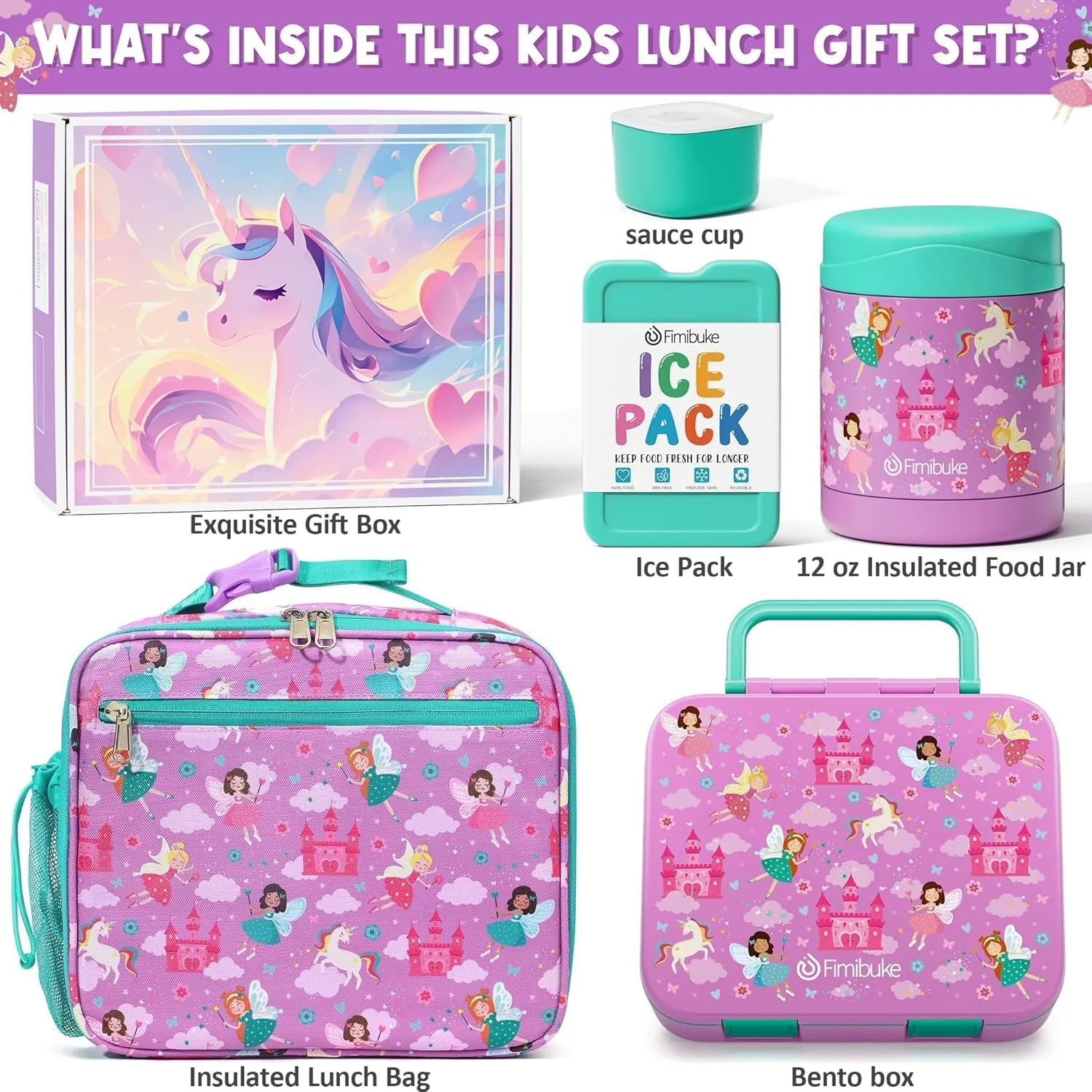 Fimibuke Bento Lunch Box for Kids with Thermos, 32OZ Snack Lunch Container with 3 Compartments, Insulated Lunch Bag, 12OZ Leakproof Food Jar, Ice Pack Set for Age 3-12 Toddler Teen Girls Boys Daycare