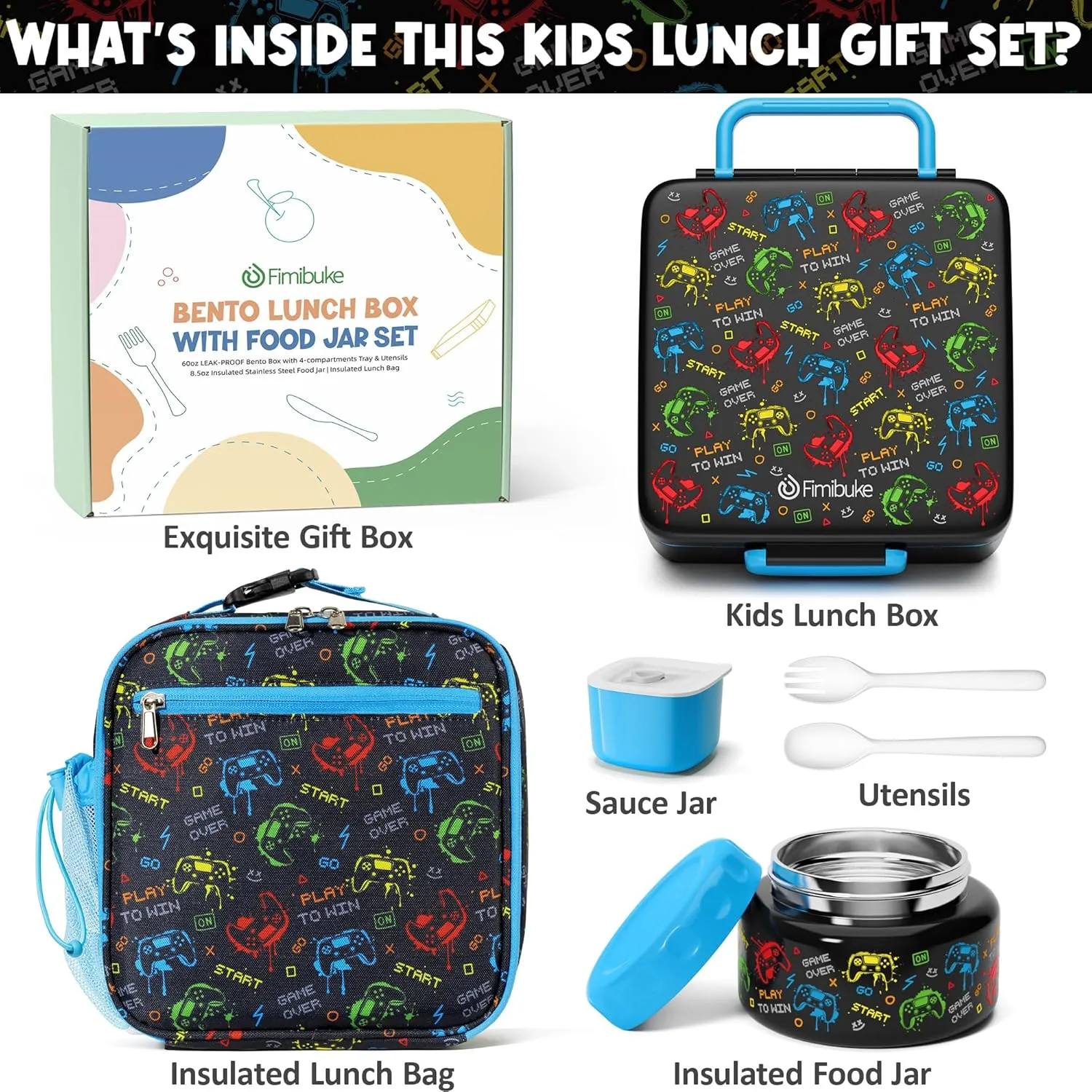 Fimibuke Bento lunch Box Set for Kids Adult with 8oz Thermos Food Jar, Insulated Lunch Bag &Sauce Cup, Leakproof Dishwasher Safe Toddler Lunch Food Container with 3-4 Compartment for School Girls Boys