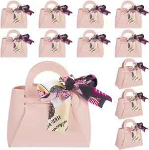FINGERINSPIRE 12 Pack PU Leather Gift Boxes with Handle & Ribbons 4.7x2x5.1inch Pink Small Handbag Candy Gift Box Reusable Gift Wrap Box for Baby Shower Wedding Birthday Party Anniversary Valentine's