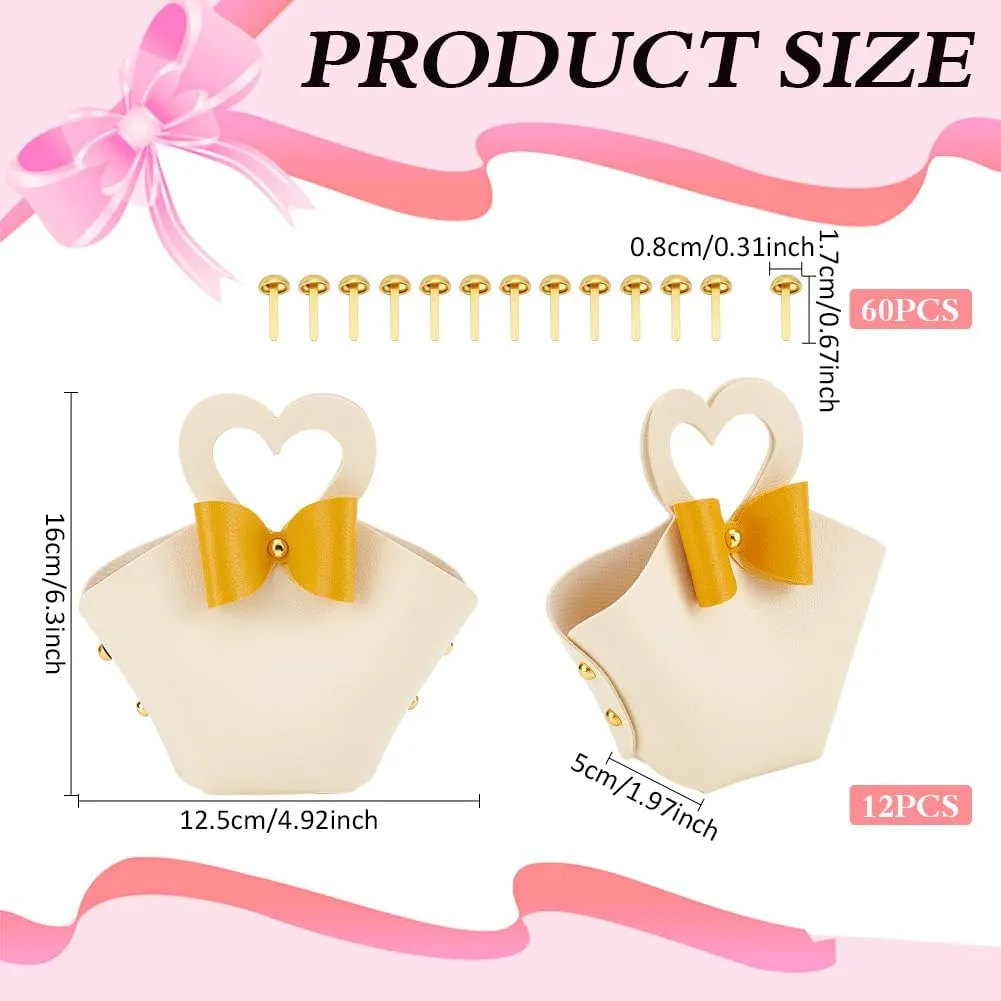 FINGERINSPIRE 12 Sets PU Leather Bowknot Gift Box with Handle 6.3x4.9x2inch Reusable Leather Antique White Treat Box with Gold Bow Heart Handle Mini Handbag for Birthday Wedding Party Baby Shower