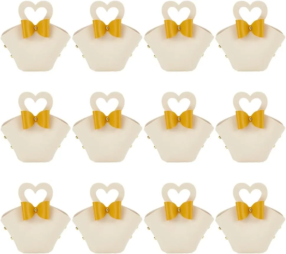 FINGERINSPIRE 12 Sets PU Leather Bowknot Gift Box with Handle 6.3x4.9x2inch Reusable Leather Antique White Treat Box with Gold Bow Heart Handle Mini Handbag for Birthday Wedding Party Baby Shower