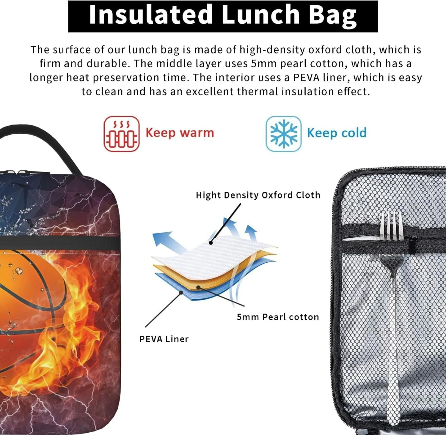 Fire And Water Basketball Reusable Lunch Box Insulation Lunch Bag Containers Tote Handbag Ice Packs For Women Men Teens Girls