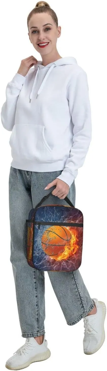 Fire And Water Basketball Reusable Lunch Box Insulation Lunch Bag Containers Tote Handbag Ice Packs For Women Men Teens Girls