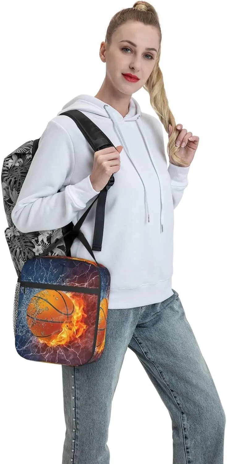 Fire And Water Basketball Reusable Lunch Box Insulation Lunch Bag Containers Tote Handbag Ice Packs For Women Men Teens Girls