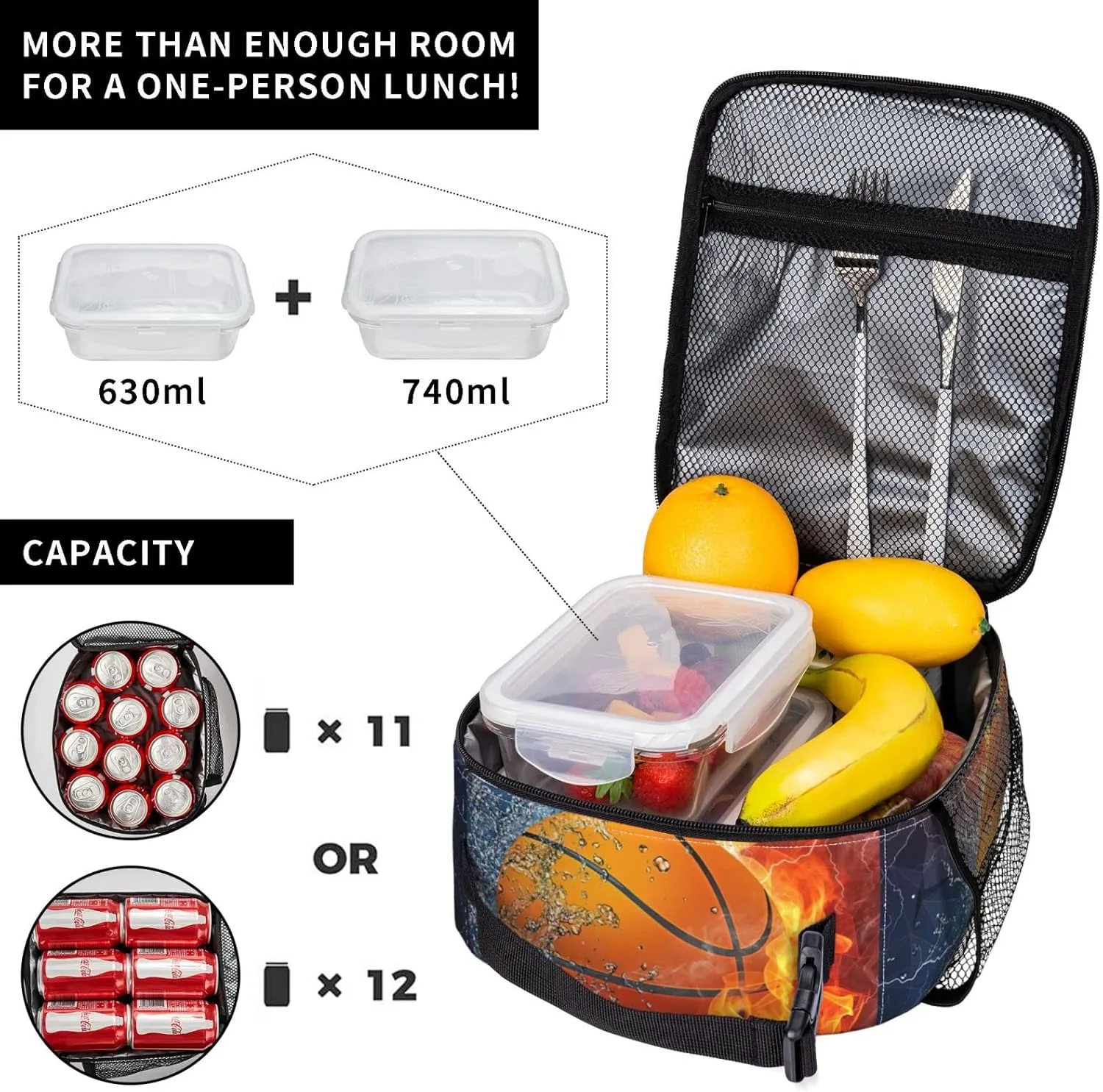 Fire And Water Basketball Reusable Lunch Box Insulation Lunch Bag Containers Tote Handbag Ice Packs For Women Men Teens Girls