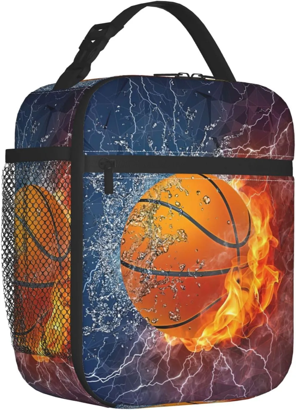 Fire And Water Basketball Reusable Lunch Box Insulation Lunch Bag Containers Tote Handbag Ice Packs For Women Men Teens Girls